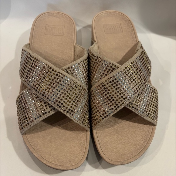 FITFLOP Sz 7 Strobe Crisscross Slide Confort Sandals with Rhinestone Encrusted - Picture 2 of 9
